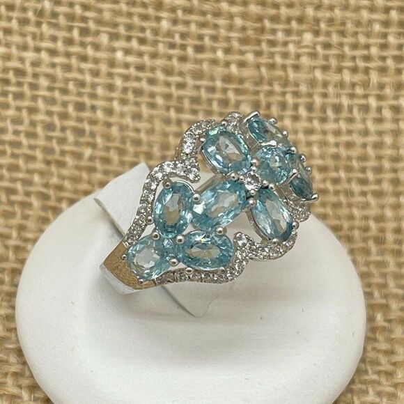 Blue Zircon & White Topaz Flower Ring Sterling Silver Sz 9   7.01ct - Picture 2 of 10